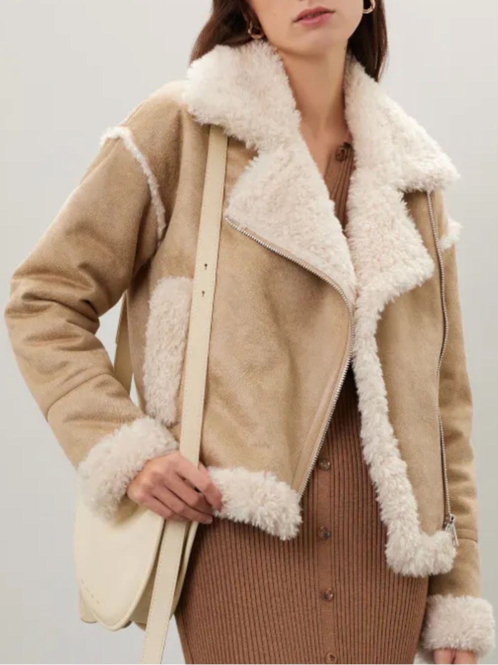 NVLT Shearling Biker Jacket in Tan/Cream (S) by Anthropologie